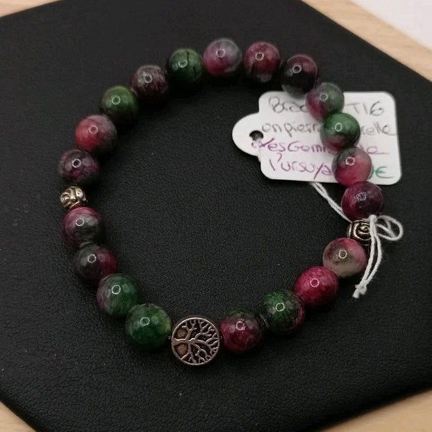 Bracelet Pierre Naturelle Tourmaline Pastèque et Arbre De Vie