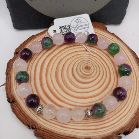 Bracelet Pierres Naturelles Quartz Rose, Cristal De Roche Et Tourmaline