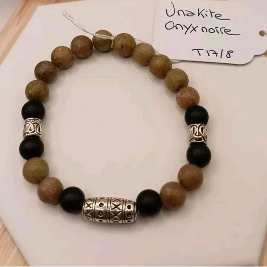 Partager Bracelet Unakite Onxy Noir Pierre Naturelle Perles 8mm