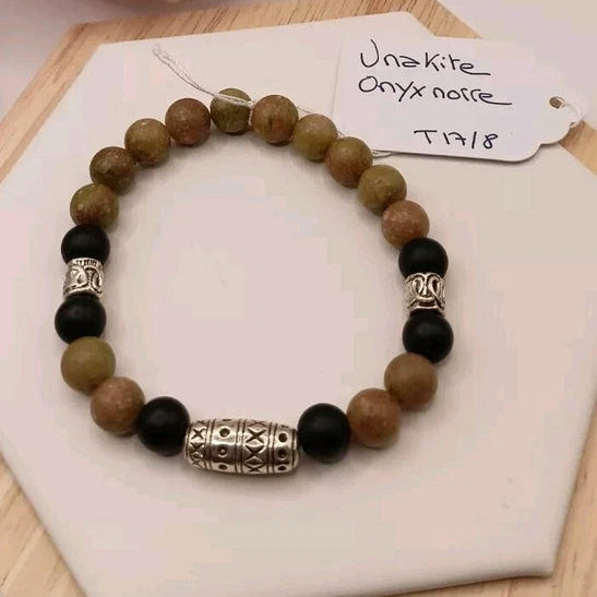 Partager Bracelet Unakite Onxy Noir Pierre Naturelle Perles 8mm